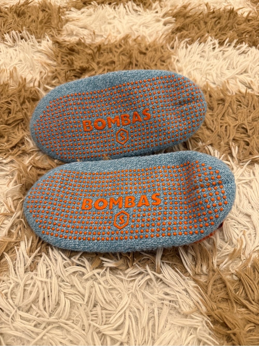 Bombas Blue Knit Slipper Socks with Orange Grip Dots